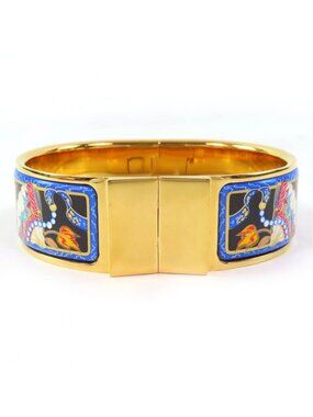 Hermes Loquet Enamel GM Fan Pattern Cloisonne Bangle Bracelet Gold Multicolor
